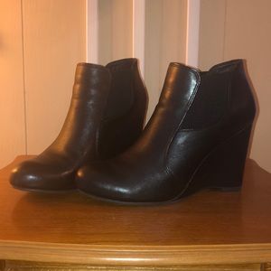 Black leather wedge bootie